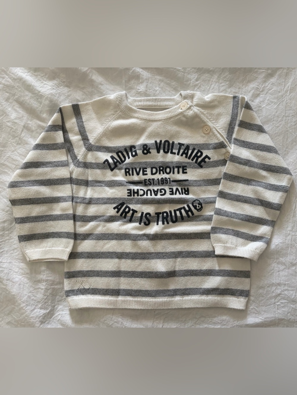 Zadig & Voltaire Unisex Kids White Gray Striped Cashmere Blend Sweater Sz 18M